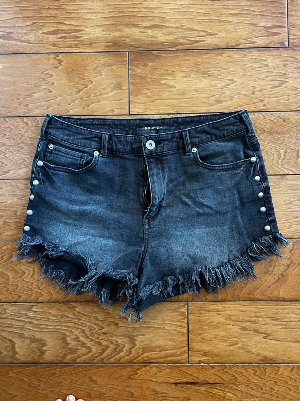INC International Concepts Black Distressed Denim Shorts with Side Studs Size 12